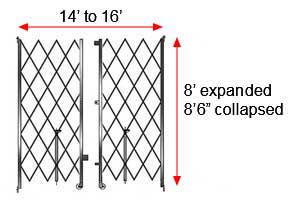 Retractable Folding Gate, Double, 14' - 16' W, 8' 6" Collapsed Ht, 8' Expanded Ht