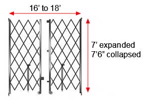 Retractable Folding Gate, Double, 16' - 18' W, 7' 6" Collapsed Ht, 7' Expanded Ht