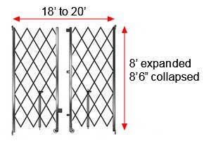 Retractable Folding Gate, Double, 18' - 20' W, 8' 6" Collapsed Ht, 8' Expanded Ht