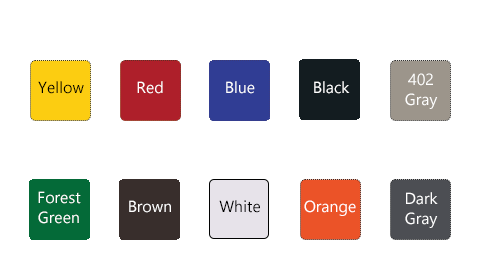 Swatch of available base colors: Yellow, Red, Blue, Black, 402 Gray, Forest Green, Brown, White, Orange and Dark Gray