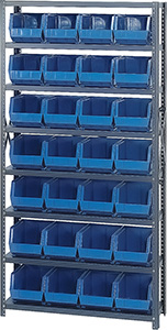 Steel Shelving, 12" x 36" x 75", 8 Shelves w/ (28)- 11"L x 8-1/4"H W x 7"H Bins