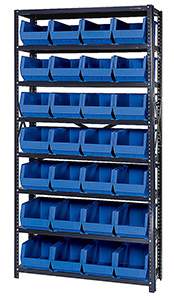 Steel Shelving, 12" x 36" x 75", 8 Shelves w/ (28)- 14-3/4"L x 8-1/4"W x 7"H Bins