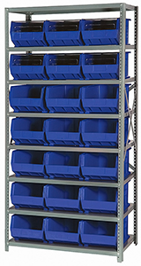 Steel Shelving, 18" x 36" x 75", 8 Shelves, 21 Bins