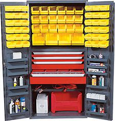 Bin Cabinet - 36"W x 24"D x 72"H w/ 1 Shelf, 12 Door Shelves, 4 Drawers & 58 Bins