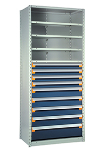 Steel Shelving, 87h x 48w x 24d, w/ 48"h, 9-drawer unit, 5 shelves