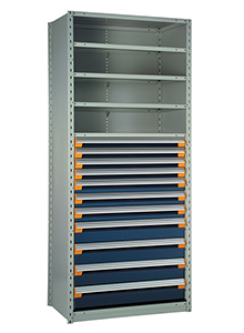 Steel Shelving, 87h x 48w x 18d, w/ 48"h, 11-drawer unit, 5 shelves
