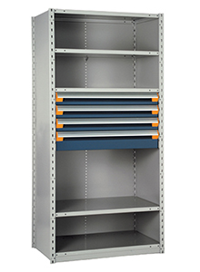 Steel Shelving, 75h x 36w x 18d, w/ 18"h, 4-drawer unit, 5 shelves