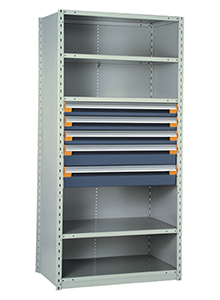Steel Shelving, 75h x 36w x 18d, w/ 24"h, 5-drawer unit, 5 shelves