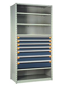 Steel Shelving, 75h x 36w x 18d, w/ 36"h, 7-drawer unit, 5 shelves