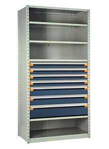 Steel Shelving, 75h x 36w x 18d, w/ 36"h, 7-drawer unit, 5 shelves