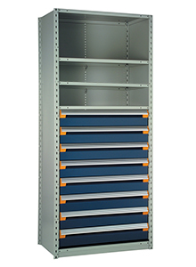 Steel Shelving, 75h x 36w x 24d, w/ 48"h, 8-drawer unit, 4 shelves