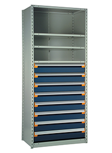 Steel Shelving, 75h x 36w x 24d, w/ 48"h, 9-drawer unit, 4 shelves