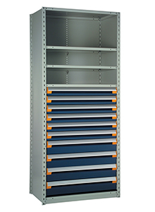 Steel Shelving, 75h x 48w x 18d, w/ 48"h, 10-drawer unit, 4 shelves