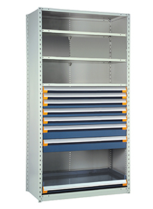 Steel Shelving, 75h x 48w x 24d, w/ 48"h, 7-drawer unit, 4 shelves