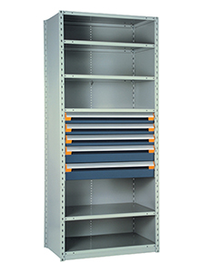 Steel Shelving, 87h x 48w x 24d, w/ 24"h, 5-drawer unit, 5 shelves