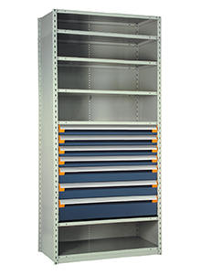 Steel Shelving, 87h x 48w x 24d, w/ 36"h, 7-drawer unit, 6 shelves