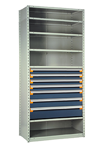 Steel Shelving, 87h x 48w x 24d, w/ 36"h, 7-drawer unit, 6 shelves