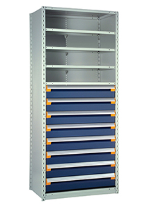 Steel Shelving, 87h x 36w x 18d, w/ 48"h, 8-drawer unit, 5 shelves