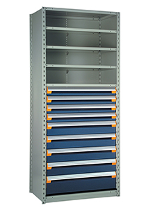 Steel Shelving, 87h x 36w x 24d, w/ 48"h, 9-drawer unit, 5 shelves