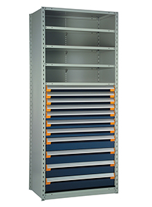 Steel Shelving, 87h x 36w x 24d, w/ 48"h, 11-drawer unit, 5 shelves