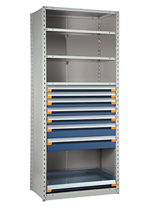 Steel Shelving, 87h x 48w x 18d, w/ 48"h, 7-drawer unit, 5 shelves