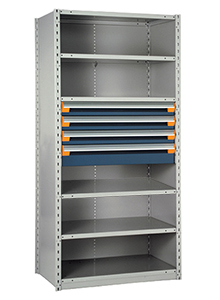 Steel Shelving, 87h x 42w x 24d, w/ 18"h, 4-drawer unit, 6 shelves