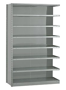 Closed Steel Industrial Shelving - 48" W x 18" D x 75" H, 8-Shelf Adder, 575 lbs. cap. per shelf