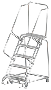 Stainless Steel Rolling Ladder with Lock Step - 5 Steps, 14"D Top Step, 50" Platform Height Serrated Tread
