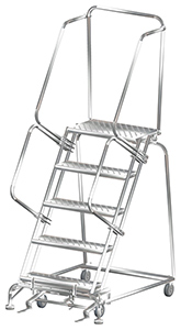 Stainless Steel Rolling Ladder with Lock Step - 5 Steps, 14"D Top Step, 50" Platform Height Perforated Tread