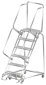 Stainless Steel Rolling Ladder with Lock Step - 6 Steps, 14"D Top Step, 60" Platform Height Serrated Tread