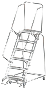 Stainless Steel Rolling Ladder with Lock Step - 6 Steps, 14"D Top Step, 60" Platform Height Perforated Tread