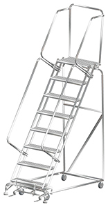 Stainless Steel Rolling Ladder with Lock Step - 8 Steps, 14"D Top Step, 80" Platform Height Serrated Tread