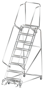 Stainless Steel Rolling Ladder with Lock Step - 8 Steps, 14"D Top Step, 80" Platform Height Perforated Tread