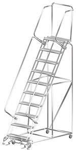 Stainless Steel Rolling Ladder with Lock Step - 10 Steps, 14"D Top Step, 100" Platform Height Serrated Tread