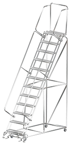 Stainless Steel Rolling Ladder with Lock Step - 12 Steps, 14"D Top Step, 120" Platform Height Serrated Tread