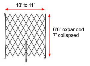 Retractable Folding Gate, Single, 10' - 11' W, 7' Collapsed Ht, 6' 6" Expanded Ht
