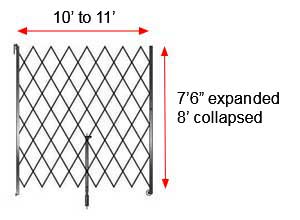 Retractable Folding Gate, Single, 10' - 11' W, 8' Collapsed Ht, 7' 6" Expanded Ht