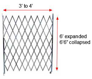 Retractable Folding Gate, Single, 3' - 4' W, 6' 6" Collapsed Ht, 6' Expanded Ht