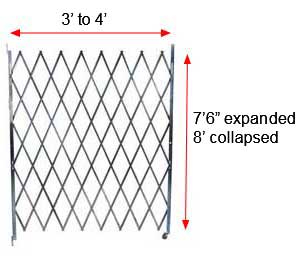 Retractable Folding Gate, Single, 3' - 4' W, 8' Collapsed Ht, 7' 6" Expanded Ht