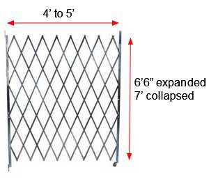 Retractable Folding Gate, Single, 4' - 5' W, 7' Collapsed Ht, 6' 6" Expanded Ht