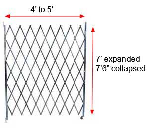 Retractable Folding Gate, Single, 4' - 5' W, 7' 6" Collapsed Ht, 7' Expanded Ht