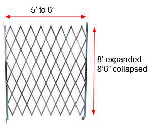 Retractable Folding Gate, Single, 5' - 6' W, 8' 6" Collapsed Ht, 8' Expanded Ht