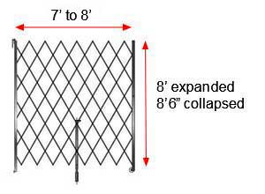 Retractable Folding Gate, Single, 7' - 8' W, 8' 6" Collapsed Ht, 8' Expanded Ht