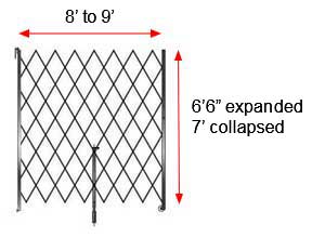 Retractable Folding Gate, Single, 8' - 9' W, 7' Collapsed Ht, 6' 6" Expanded Ht