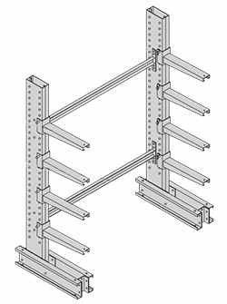 Medium Duty Cantilever Rack Starter - Single Sided, 8'H, 33" Base, 24" Straight Arms, 4 Levels, 47"W Braces