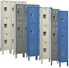 Three-tier lockers in three-wide and one-wide configurations
