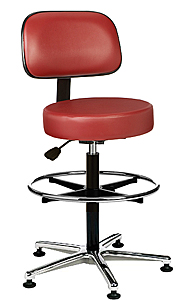 Vinyl Upholstered Work Stool with Round Seat - 24" - 34.5"H adjustable, 5-leg Polished Aluminum Base, Backrest