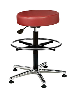 Vinyl Upholstered Work Stool with Round Seat - 24" - 34.5"H adjustable, 5-leg Polished Aluminum Base, Footring