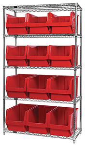 Wire Shelving Bin System with 5 shelves & 12 Magnum Bins - 18"d x 42"w x 74"h
