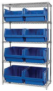 Wire Shelving Bin System with 5 shelves & 8 Magnum Bins - 18"d x 42"w x 74"h